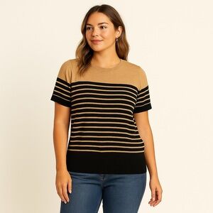Lands' End Tan and Black Striped Crew Neck Supima Cotton Sweater Sz L EUC